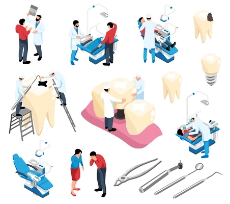 Dentist isometric colored icons set of dentistry instruments teeth with caries dentures  and implants isolated vector illustration