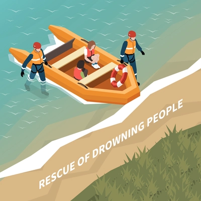 Rescue of drowning people isometric background with team of lifeguards  saved girl and boy sitting in boat vector illustration