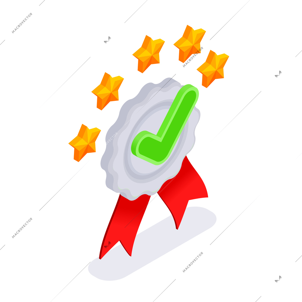 Customer experience feedback review satisfaction score isometric composition with product promotion quality mark certification symbol vector illustration