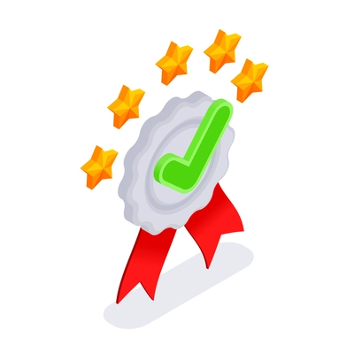 Customer experience feedback review satisfaction score isometric composition with product promotion quality mark certification symbol vector illustration