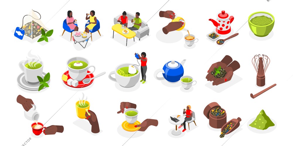 Tea day recolor set with national tea symbols isometric vector illustration