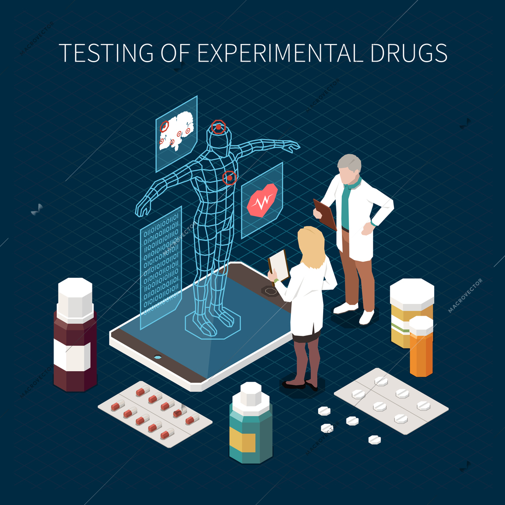 Process of experimental drugs testing using digital twin technology isometric composition with virtual model scientists medicine 3d vector illustration