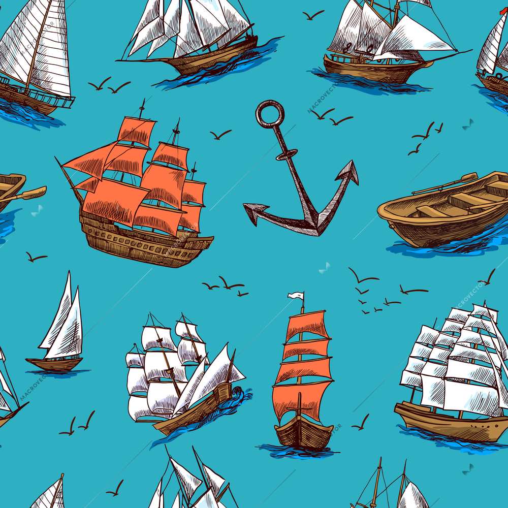 Sailing tall ships old wooden yachts boat and anchors colored sketch seamless pattern vector illustration