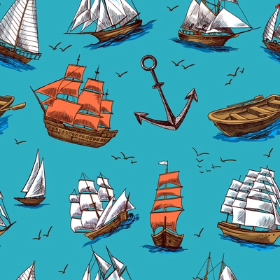 Sailing tall ships old wooden yachts boat and anchors colored sketch seamless pattern vector illustration