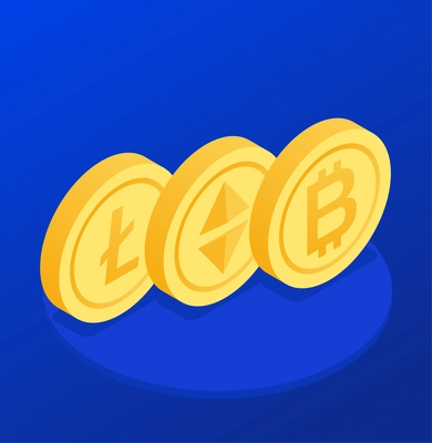 Isometric cryptocurrency blockchain concept with three 3d coins on blue background vector illustration