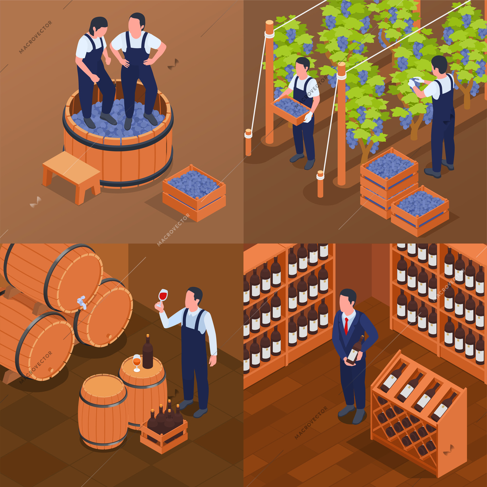 Wine production 2x2 isometric set with workers crushing grapes harvesters in vineyard sommelier market 3d isolated vector illustration