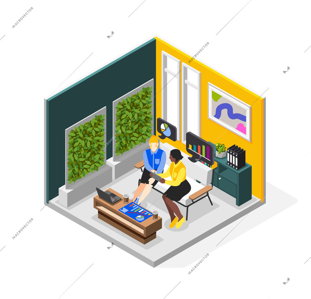 Business lady isometric composition with home interior scenery and two female characters sitting together on sofa vector illustration