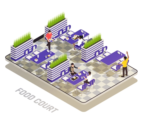 Isometric colored food court concept the interior of a fast food restaurant vector illustration