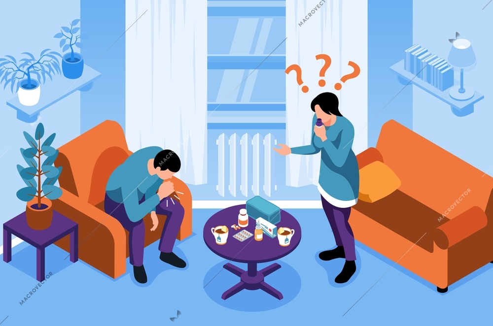 Isometric post covid syndrome composition with indoor interior scenery characters of coughing man and distracted woman vector illustration