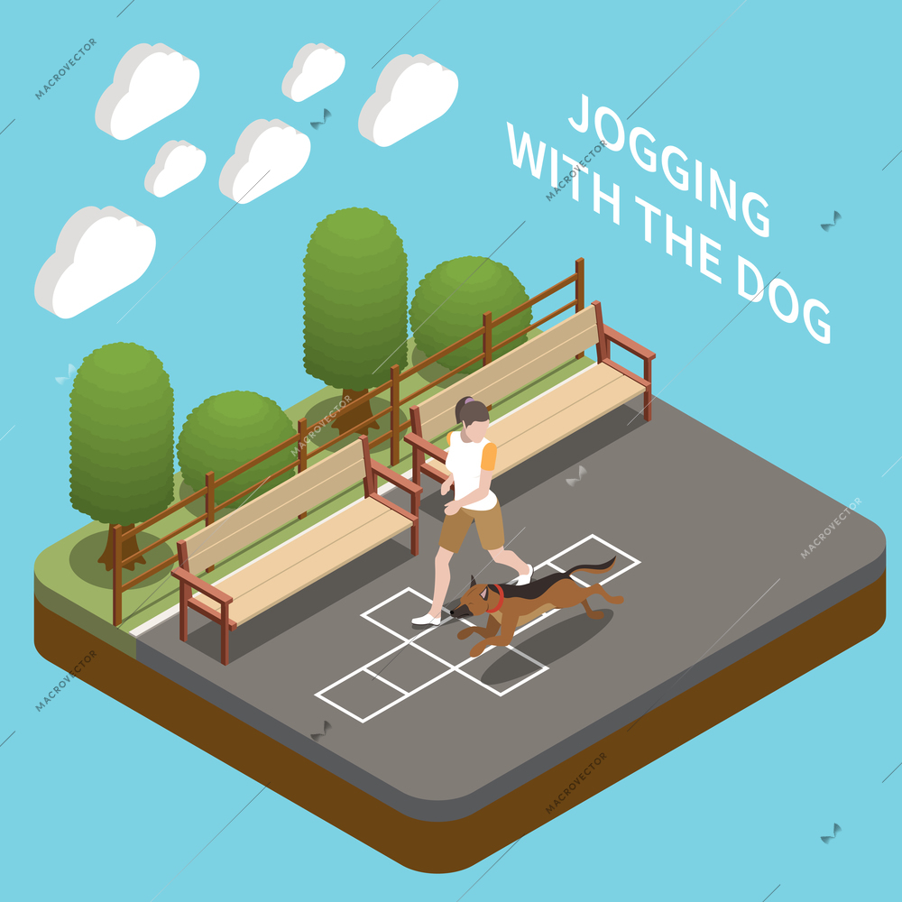 Dog walker isometric concept with jogging with dog symbols vector illustration