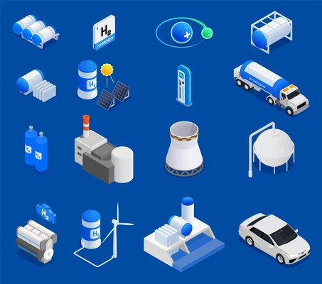 Isometric set with 3d icons showing hydrogen production from renewable sources wind solar energy storage car on blue background isolated vector illustration