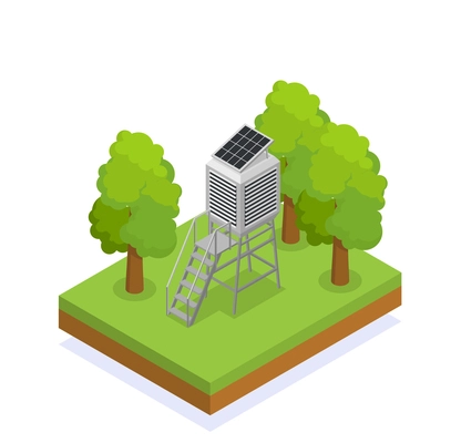 Isometric solar powered weather station in forest 3d vector illustration