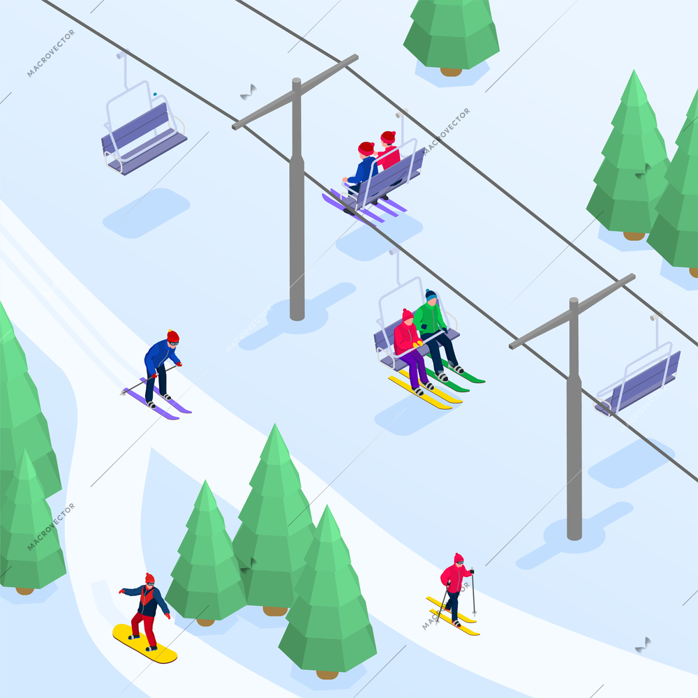 Winter sports mountain ski resort with skiers and snowboarders riding down hill and using cable cars 3d isometric vector illustration