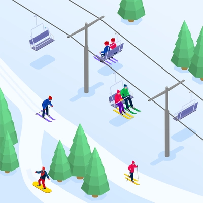 Winter sports mountain ski resort with skiers and snowboarders riding down hill and using cable cars 3d isometric vector illustration