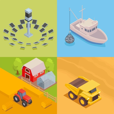 Isometric natural resources 2x2 design concept with agriculture truck transporting coal fishing ship solar energy 3d isolated vector illustration