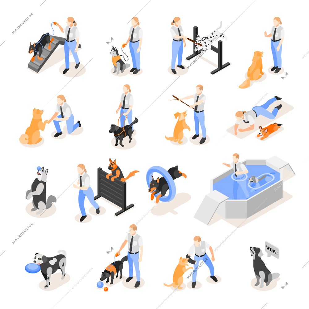 Dog school isometric collection of isolated icons with human characters of trainers dogs and play equipment vector illustration