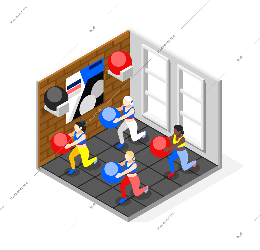 Fitness ball workout isometric composition with view of gym with four woman group holding rubber balls vector illustration