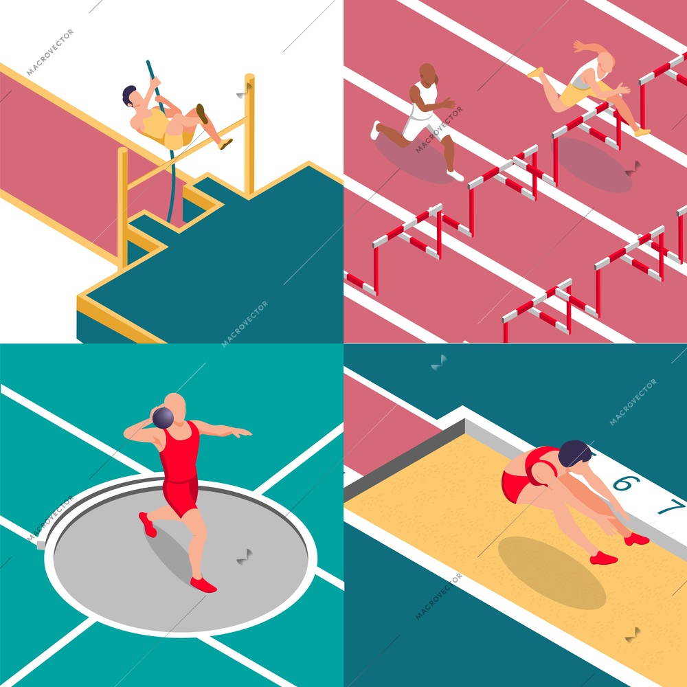 Sportsman athletics isometric 2x2 set of square compositions with stadium tracks and characters of active athletes vector illustration