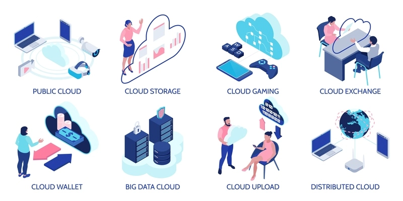 Cloud technology compositions set with cloud upload symbols isometric isolated vector illustration