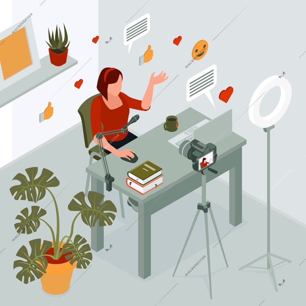 Content manager background with vlog and blogging symbols isometric vector illustration