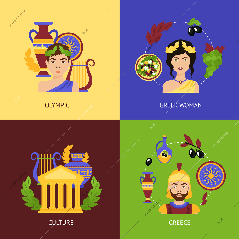 Greece flat icons set with olympic greek woman culture isolated vector illustration