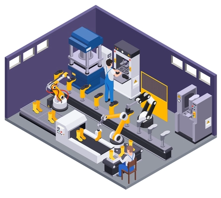 Rubber production isometric composition with indoor factory view people and arm manipulators shaping rubber into boots vector illustration