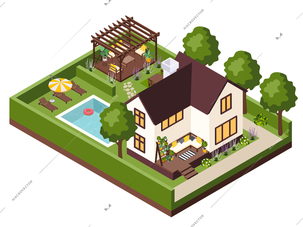 Garden furniture isometric composition with view of private villa with trees green fence pool and summerhouse vector illustration