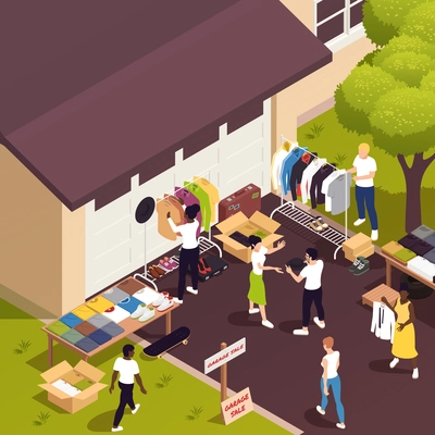 Flea market and garage sale isometric composition with people choosing antique items vector illustration
