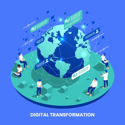 Digital transformation and digitalization isometric composition with globe and computer network symbols vector illustration