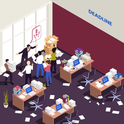 Chaotic messy office work isometric composition with disorganized people missing deadline vector illustration