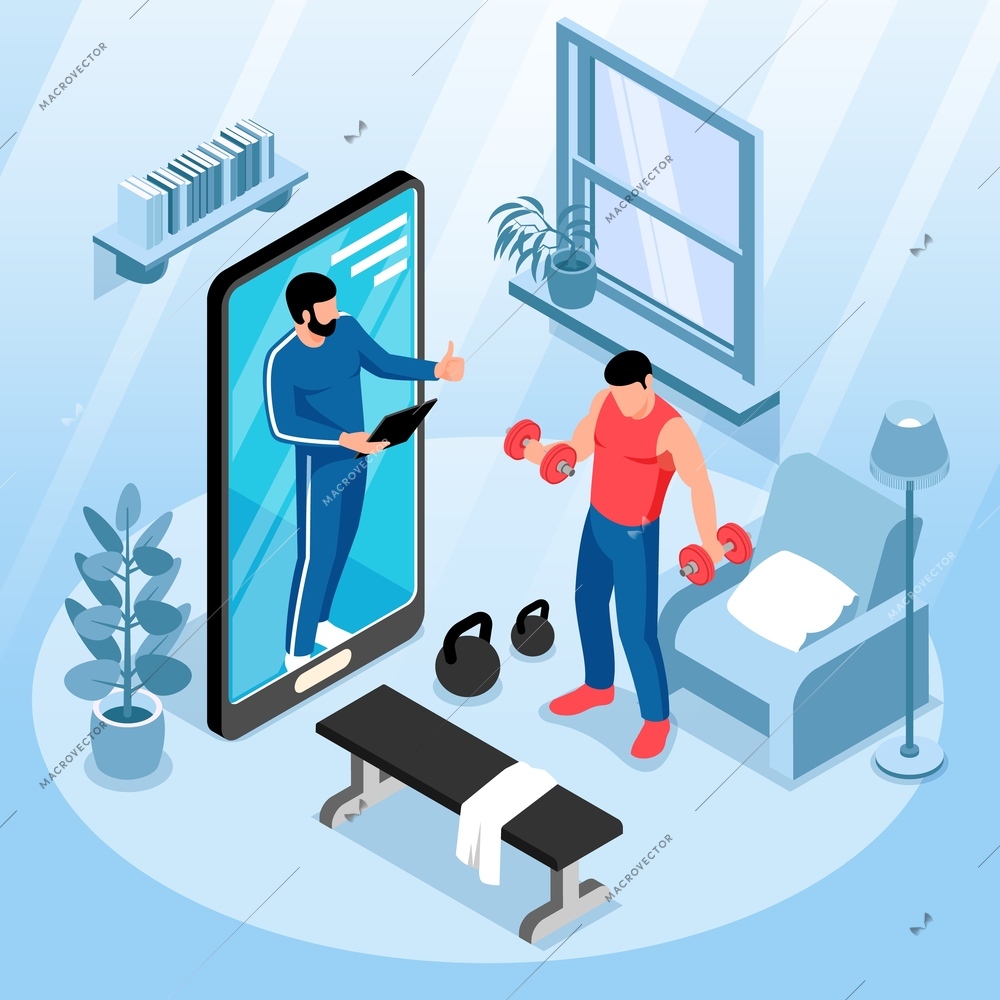 Fitness online service concept with workout symbols isometric vector illustration