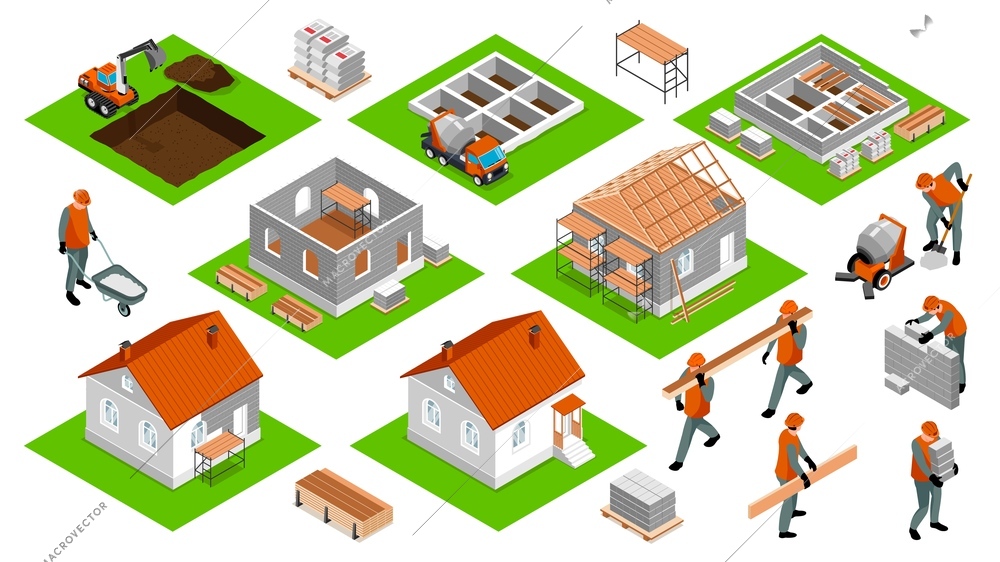 House construction set with foundation and decoration symbols isometric isolated  vector illustration