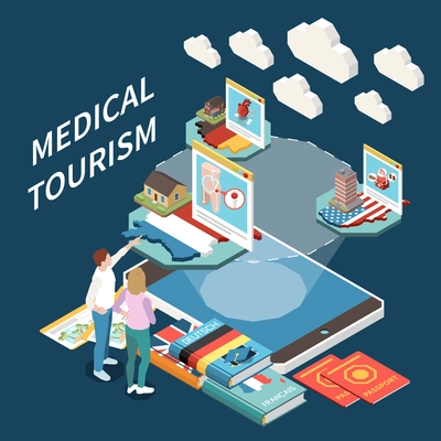 Medical tourism isometric composition with people choosing country 3d dictionaries tickets passports on colored background vector illustration