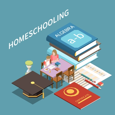 Homeschooling family education isometric concept composition with 3d stack of textbooks certificate boy studying with his mum vector illustration