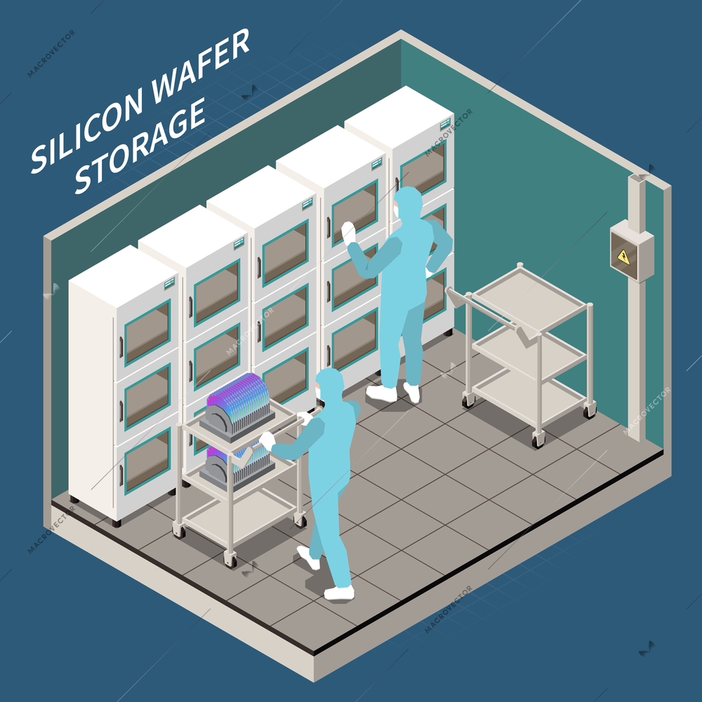 Isometric semiconductor production composition with silicon wafer storage room and two workers in chemical suits 3d vector illustration