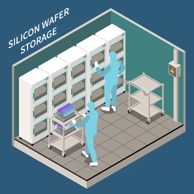 Isometric semiconductor production composition with silicon wafer storage room and two workers in chemical suits 3d vector illustration