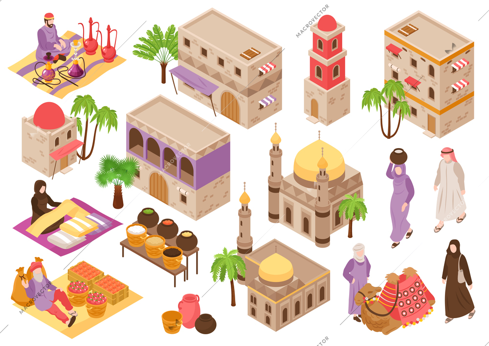 Middle eastern cityscape set with elements of ethnic architecture and people in national clothes isolated vector illustration