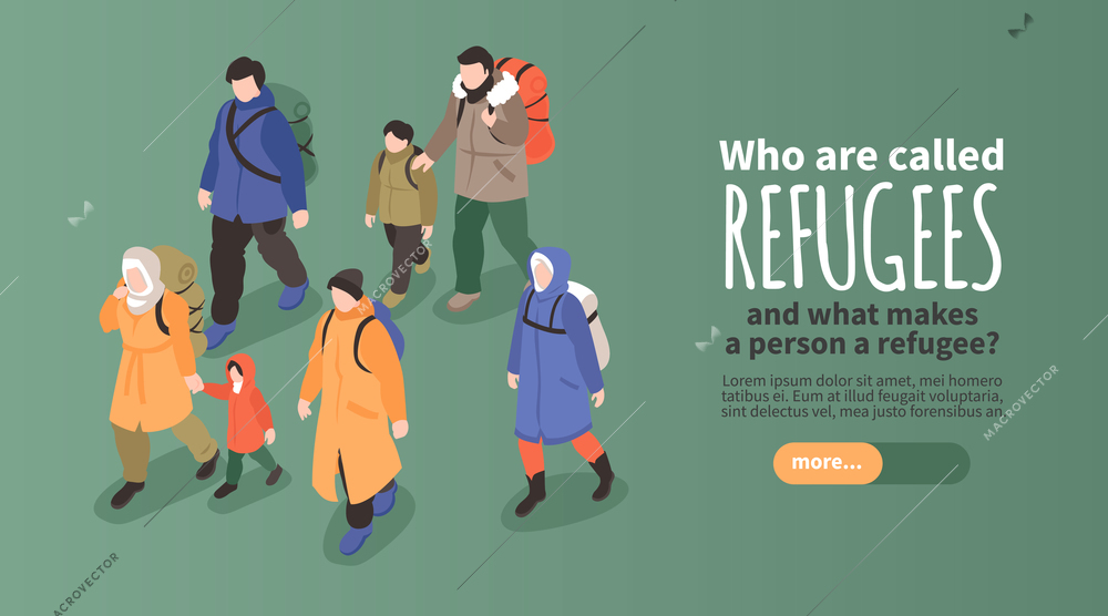 Refugees horizontal banner with group of adult civil people with children and backpaks going to border vector illustration