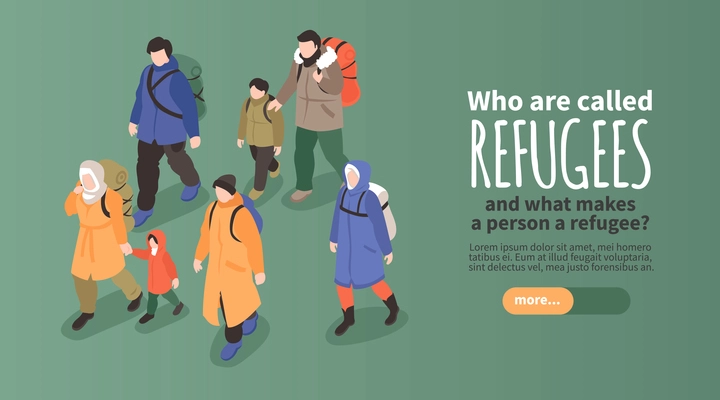 Refugees horizontal banner with group of adult civil people with children and backpaks going to border vector illustration