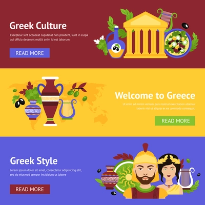 Greece horizontal banner set with greek culture style isolated vector illustration.