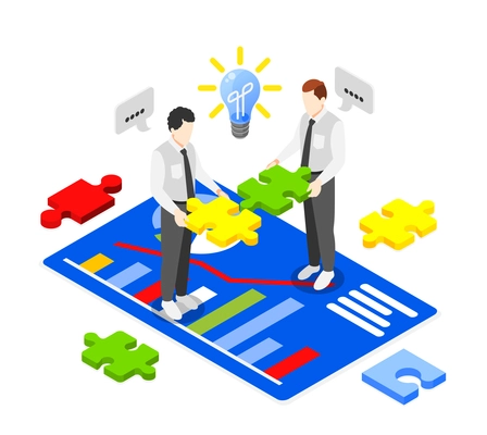 Isometric soft skills composition with two human characters solving business problem doing puzzles 3d vector illustration