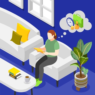 Balancing in life background with woman thinking about her job while relaxing at home with book 3d isometric vector illustration