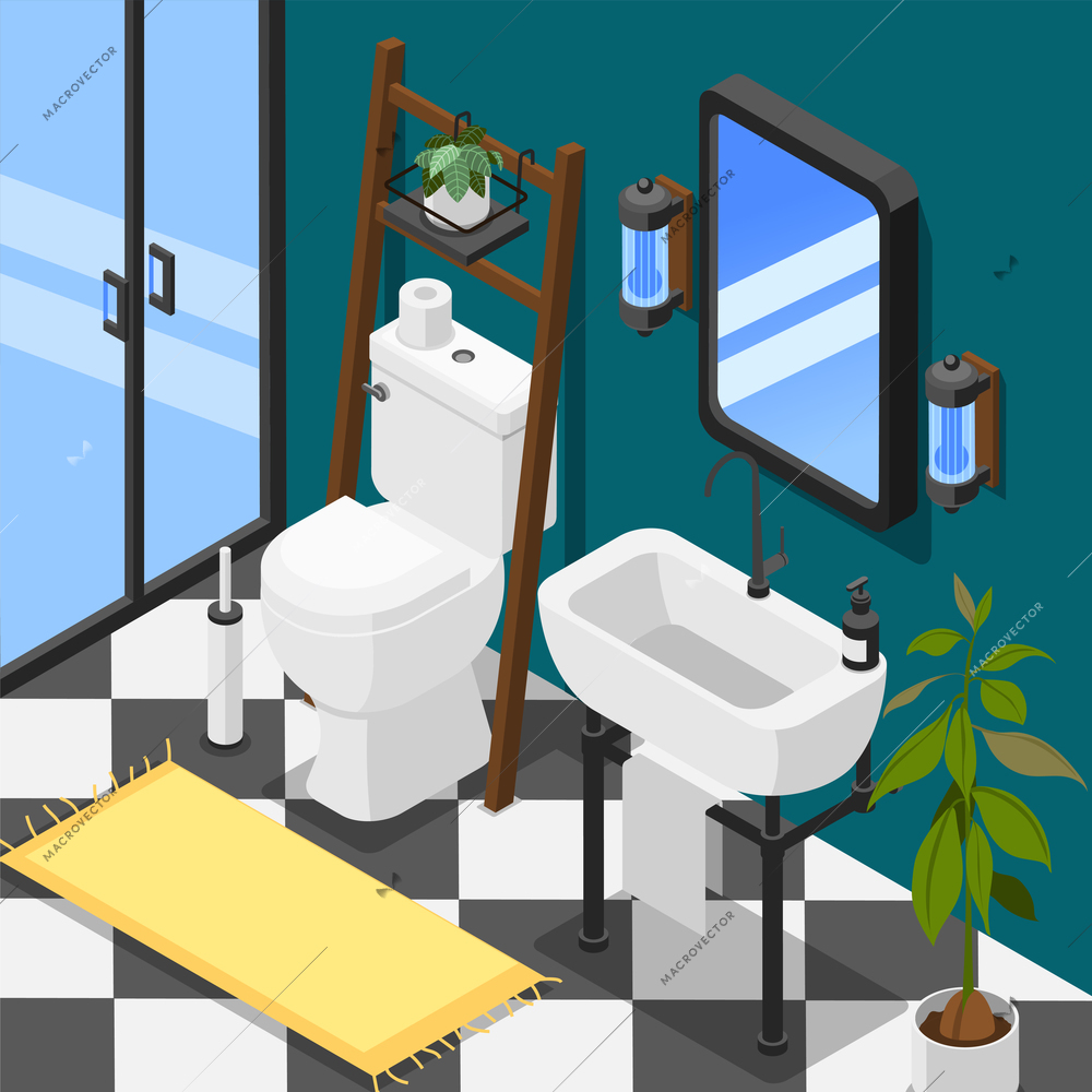 Modern toilet room bathroom interior with glass doors washbasin mirror rug on tile floor isometric background 3d vector illustration