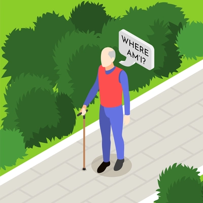 Isometric background with confused old man suffering from dementia symptoms outdoors 3d vector illustration