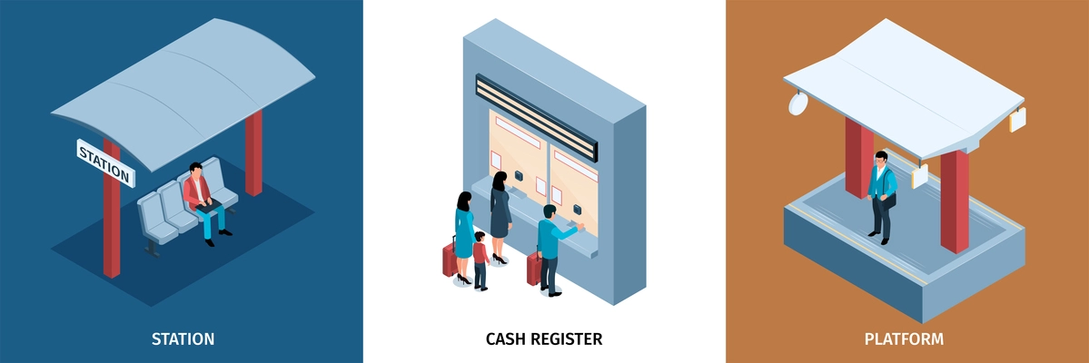 Railway station cash register and platform three colored square compositions isometric vector illustration