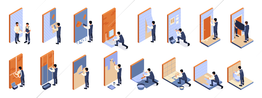 Home repair isometric icons set of installation of heating floor and  plumbing dismantling of plaster pasting wallpapers vector illustration