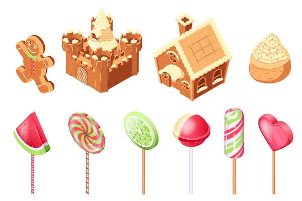 Candy land isometric set with isolated icons of colorful lollipop candies on sticks and gingerbread houses vector illustration