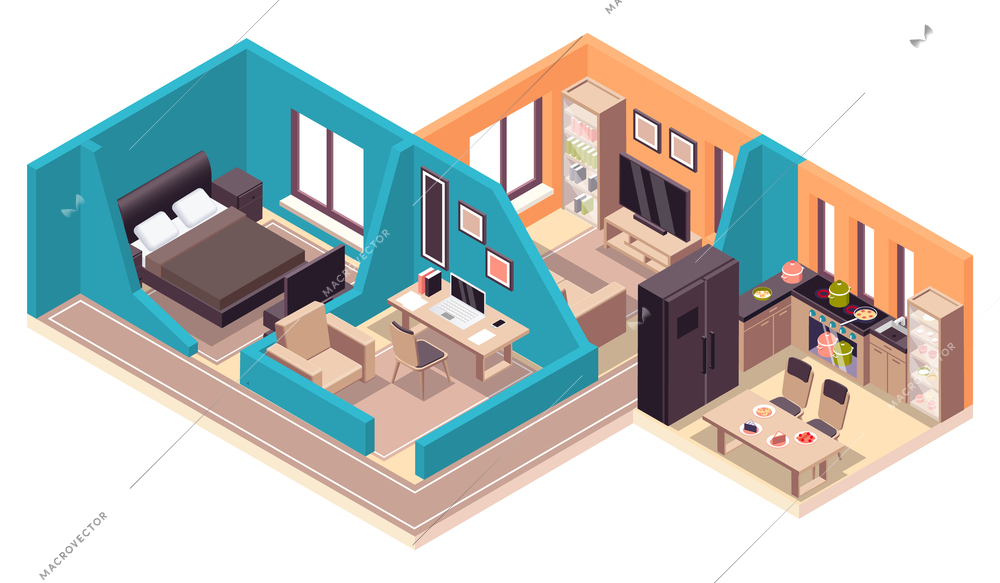 Apartment furniture isometric composition with isolated view of living rooms bedroom and kitchen with modern interiors vector illustration