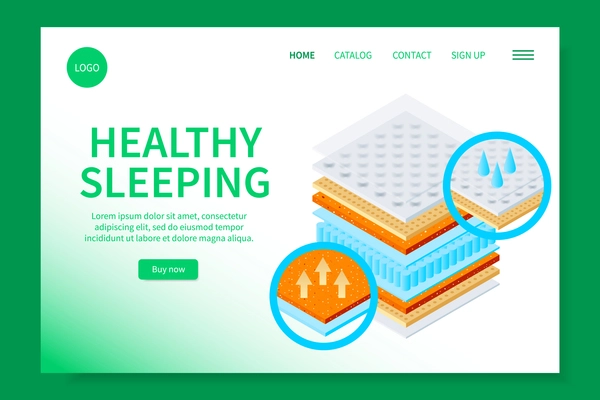 Healthy sleeping orthopedic mattress web site landing page with clickable links text button and layer scheme vector illustration