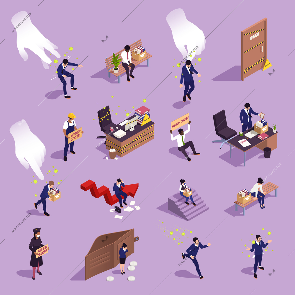 Unemployment and jobless people isometric set isolated vector illustration